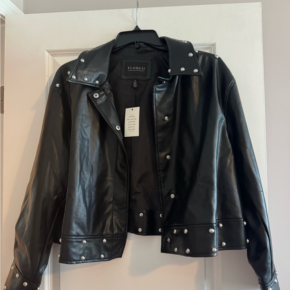 Eloquii Black Leather Motorcycle Jacket with Silver Accents